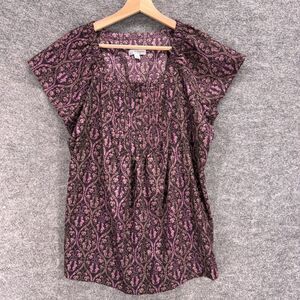 Liz Lange Blouse Women S Maternity Purple Geometric Square Neck Short Sleeve